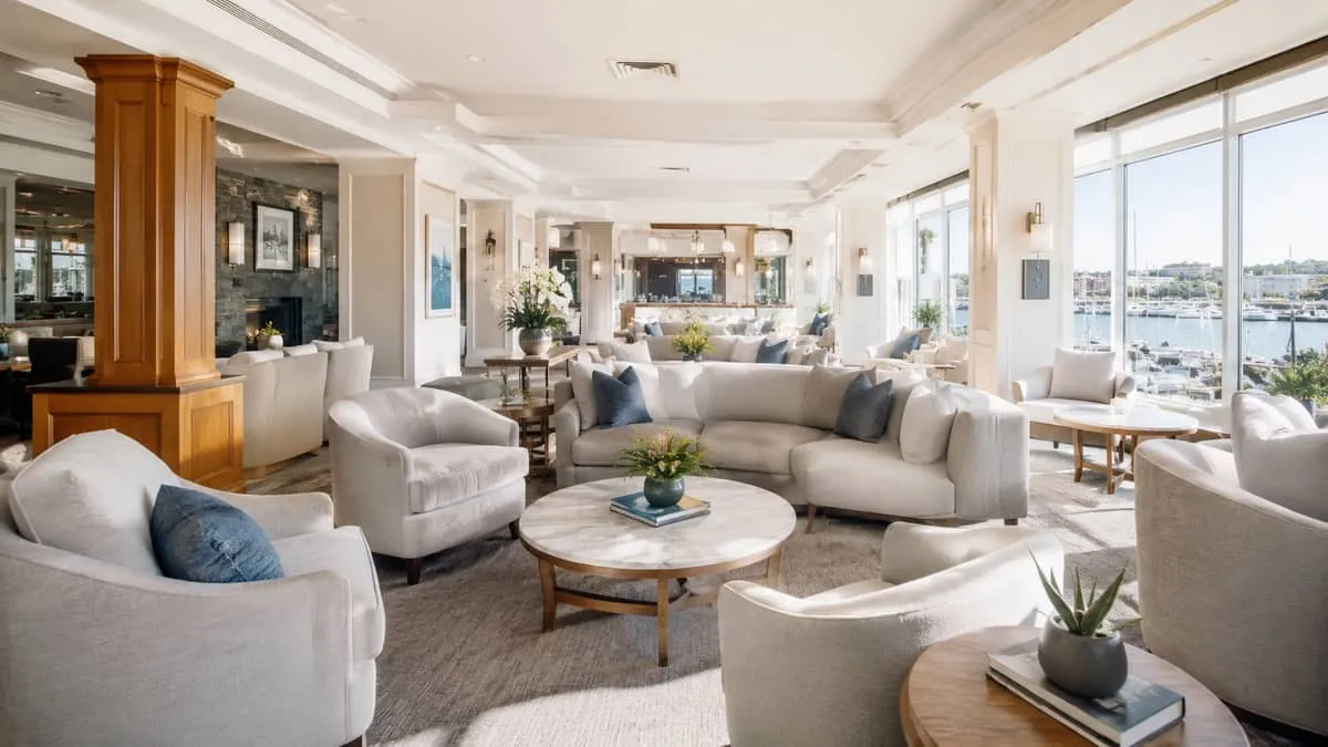 lounge area with low upholstered seating, coffee tables, and warm lighting in a Victoria boutique hotel or waterfront re