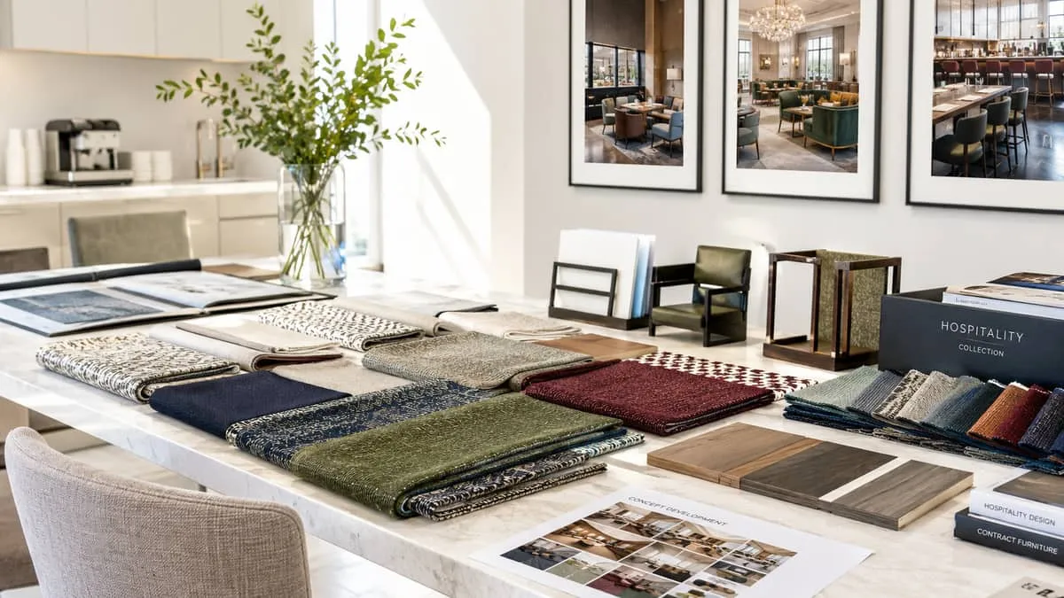 close-up of upholstery fabric swatches in heritage tones, warm greens, navy, burgundy, spread on a workroom table alongs