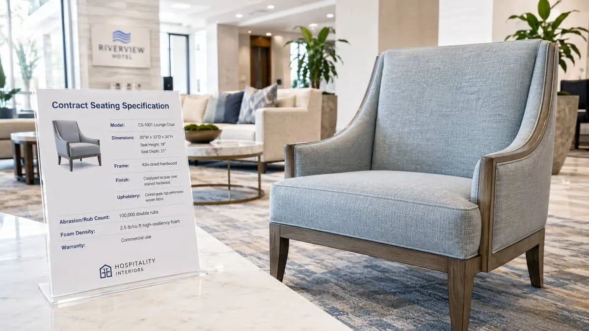 specification sheet or product data sheet for a contract-grade chair or sofa, showing rub counts, foam density specs, an