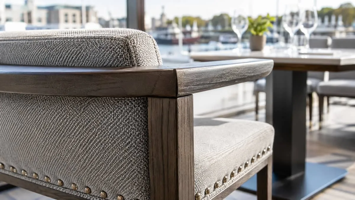 close-up detail shot of contract furniture construction showing joinery, frame quality, and upholstery fabric texture, i