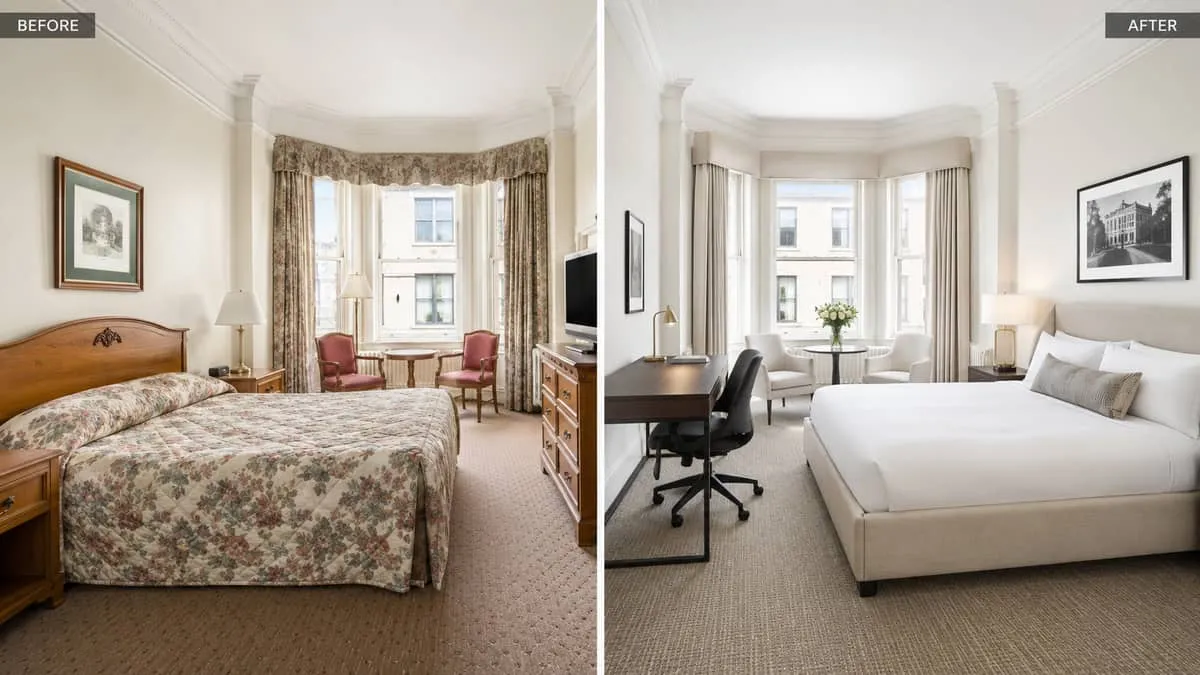 a split-view showing a hotel room before renovation with worn furniture against one side, and the same room after with n