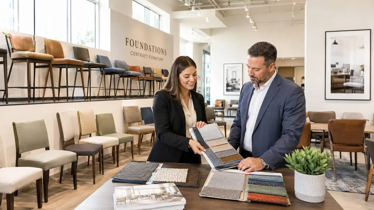 commercial furniture showroom with rows of contract-grade dining chairs and barstools on display, a sales rep showing sw