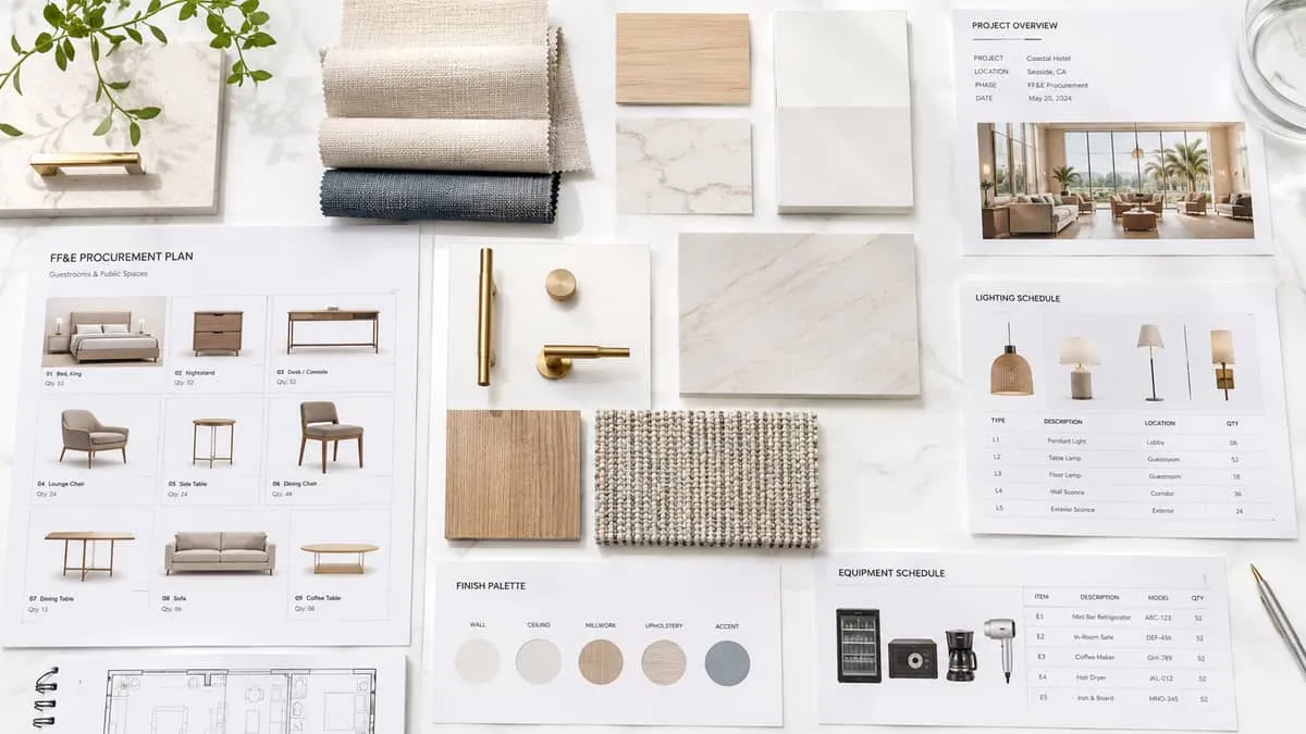 flat lay or organized mood board showing FF&E categories, including furniture swatches, fixture samples, and equipment s