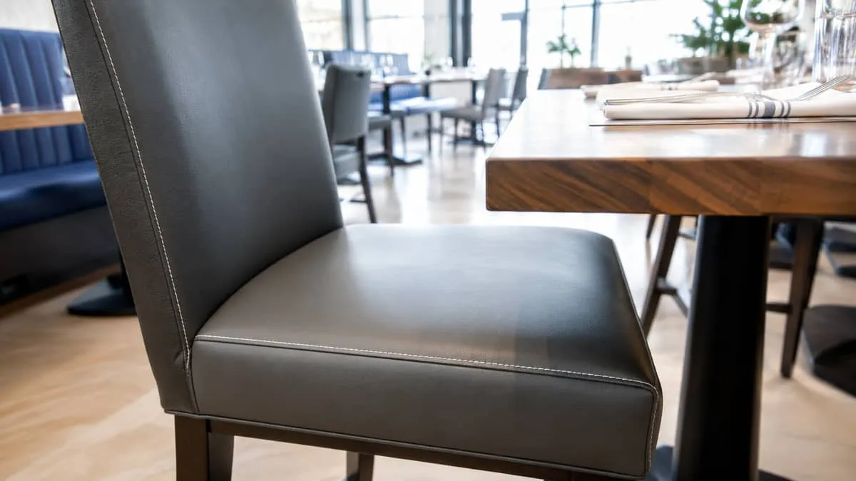 close-up detail shot of a commercial upholstered dining chair seat pad in dark vinyl with visible stitch detailing, set 