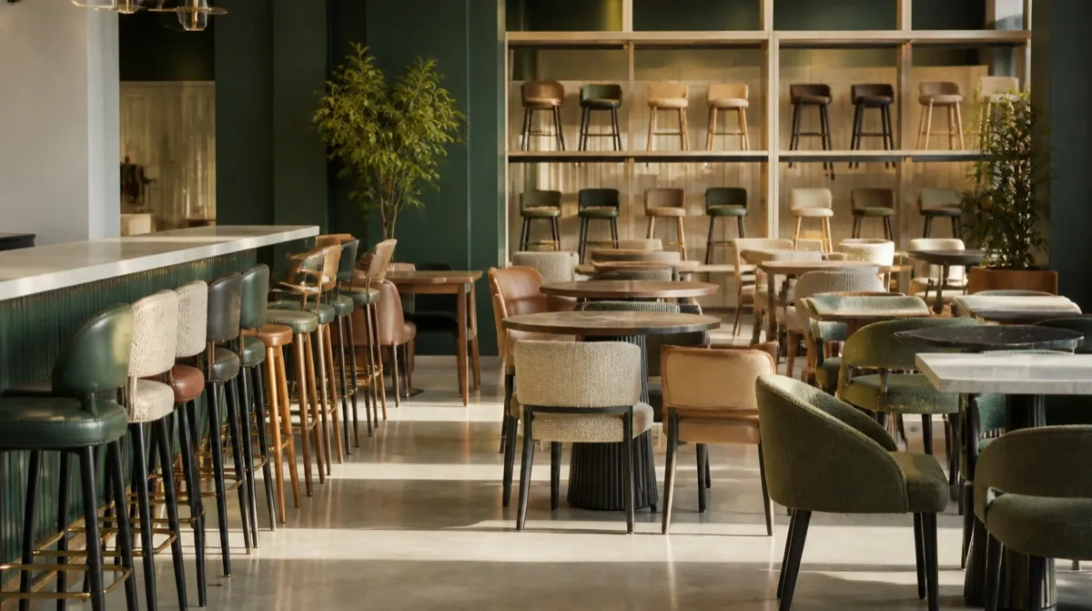 Bar and dining room interior showing mixed seating heights across zones