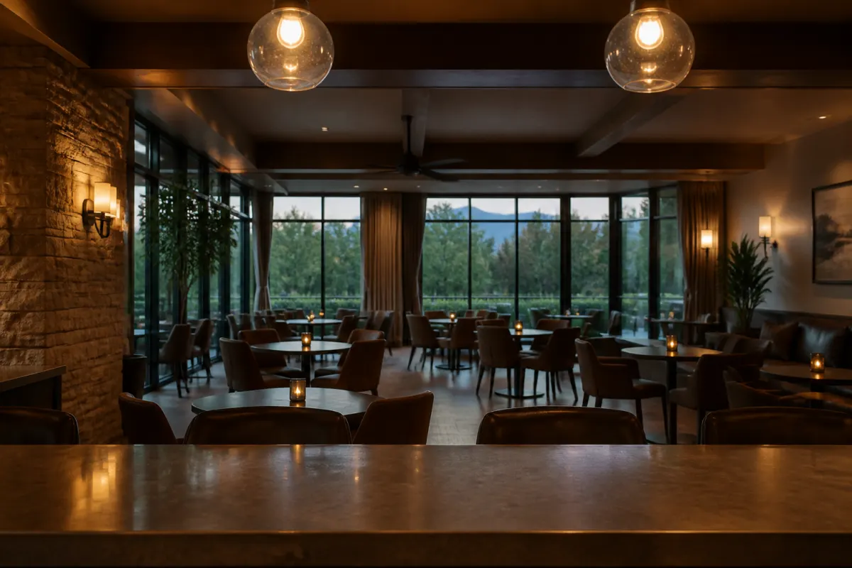 View from behind the bar across empty stools toward the dining area, shallow depth, evening light