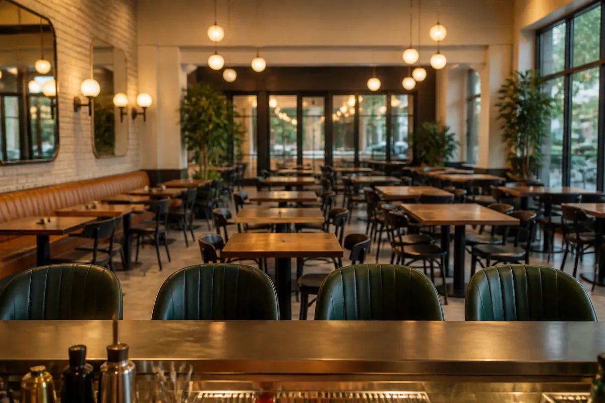 View from behind the bar across empty stools toward the dining area, shallow depth, evening light
