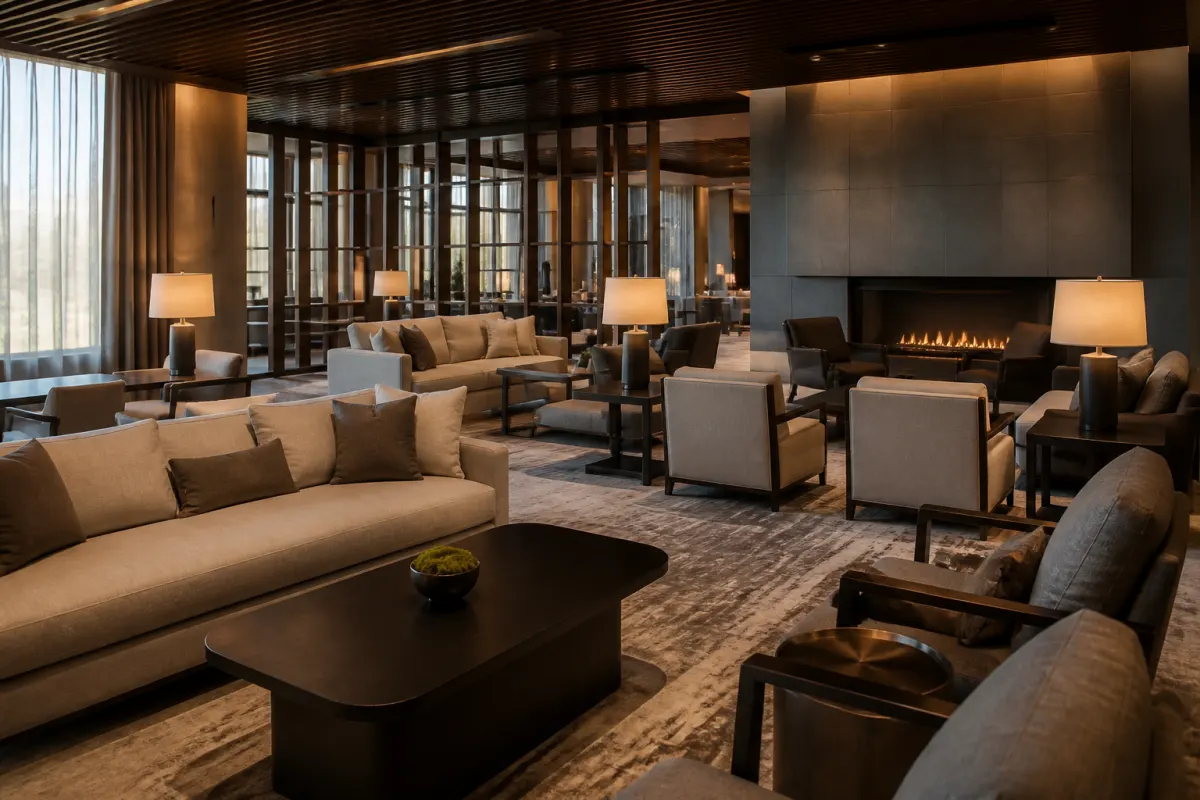 Upscale hotel lounge with commercial grade sofas, armchairs, and occasional tables, layered warm lighting