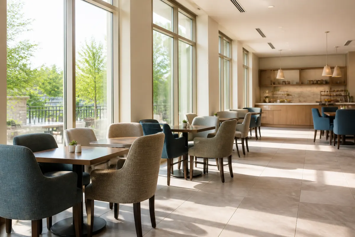 Hotel breakfast area with cafe tables and upholstered dining chairs by tall windows, bright morning light