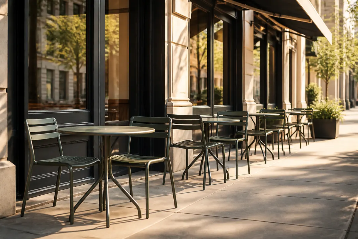 Cafe sidewalk seating area with compact metal tables and stacking chairs along a storefront, morning light, no signage