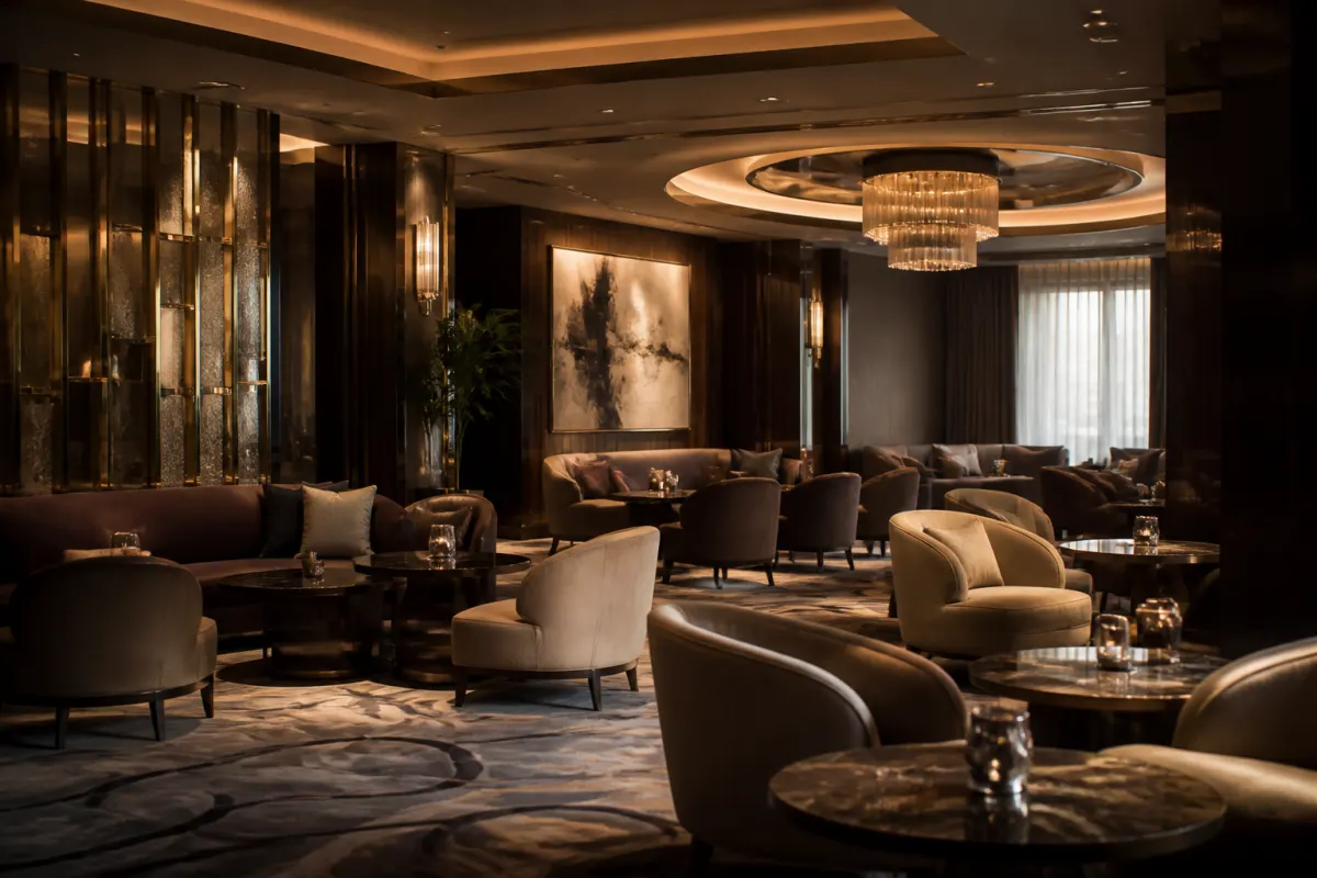 Upscale casino lounge area with plush commercial armchairs and low tables, moody warm lighting, no gaming equipment close up