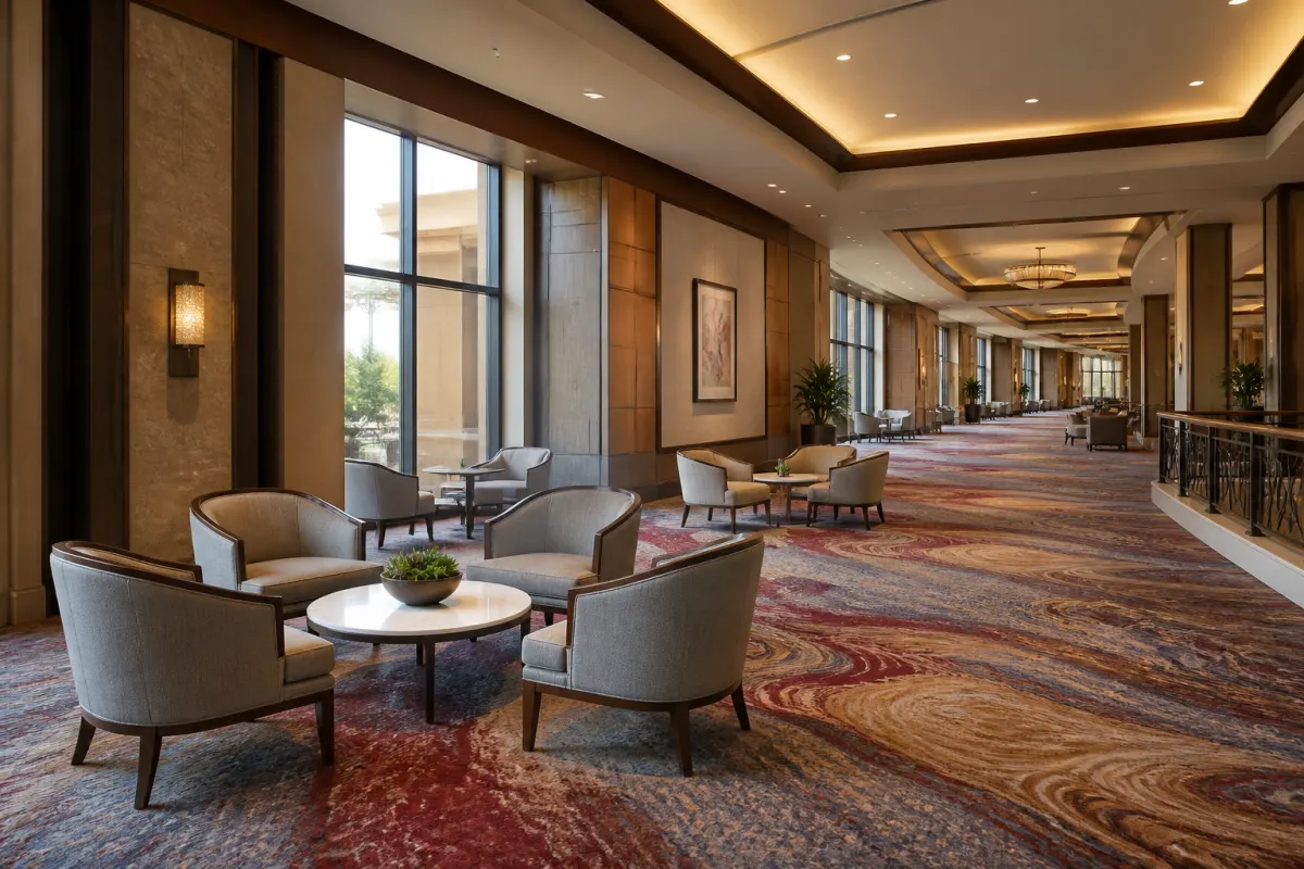 Casino resort corridor seating area with generic lounge seating groupings and patterned carpet, wide view