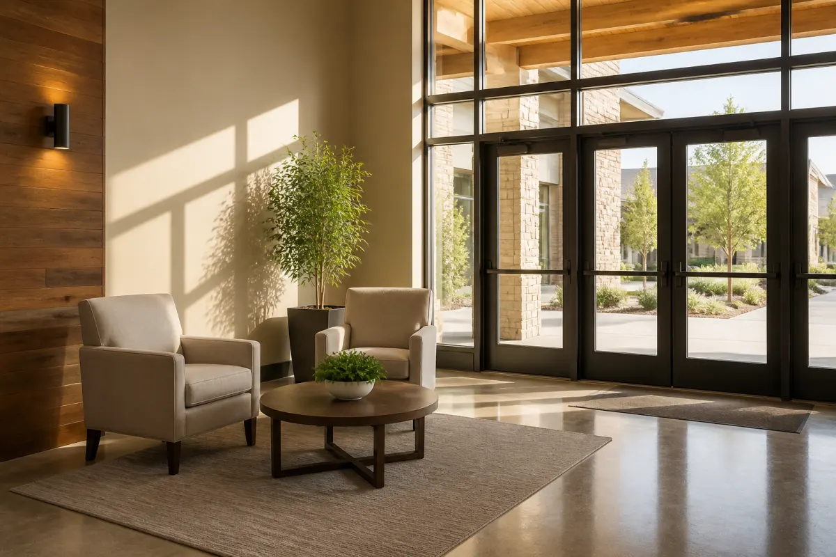 Church lobby welcome area with a pair of generic lounge chairs and a low table near large glass entry doors, warm light