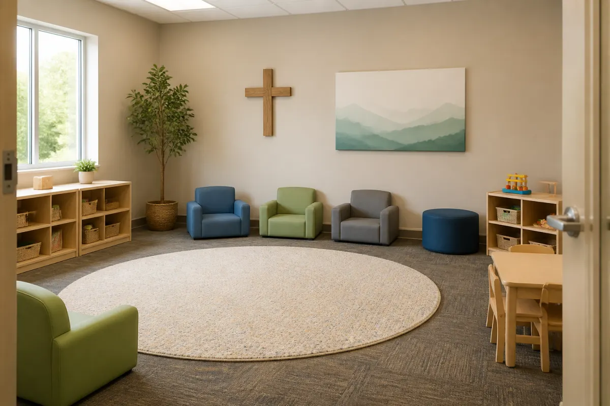 Corner of a church children's classroom with low seating and open floor space, cheerful and tidy, shot from the doorway