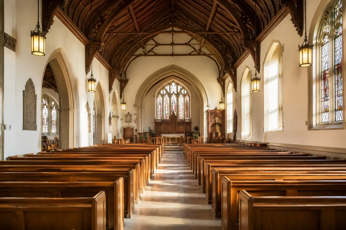 Wide establishing shot of a historic church sanctuary interior with long rows of wooden pews and light falling across the aisle