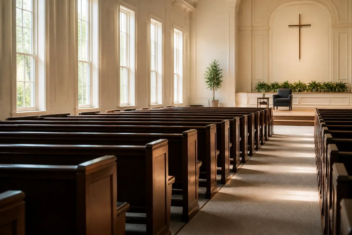 Side angle down the center aisle of a traditional sanctuary, pew rows receding toward the platform, soft morning light