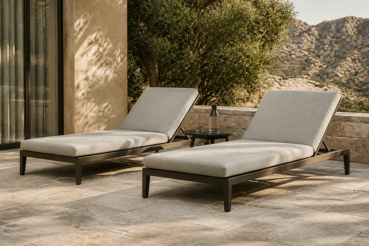 Pair of adjustable chaise lounges with a side table on a stone terrace, editorial angle