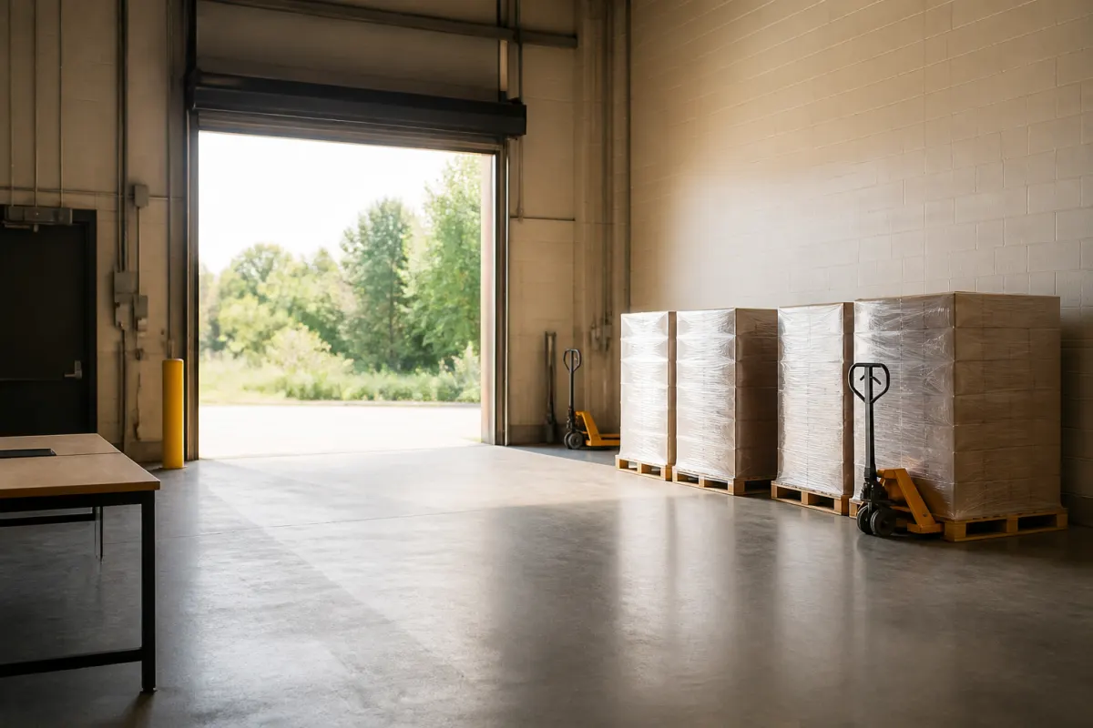 Loading dock of a distribution warehouse with a few wrapped pallets staged neatly by the open bay door