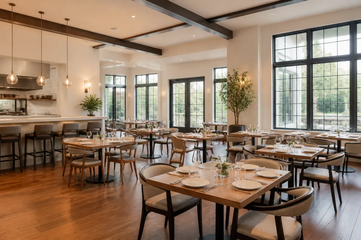 New restaurant dining room freshly furnished with tables and chairs, bright and ready to open