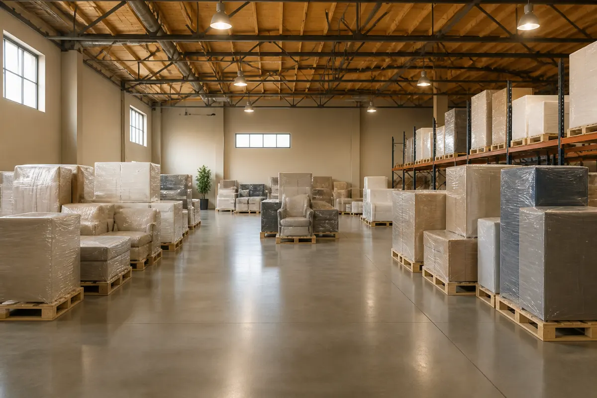 Clean commercial warehouse with shrink wrapped furniture on pallets in orderly rows, bright even light, no readable labels
