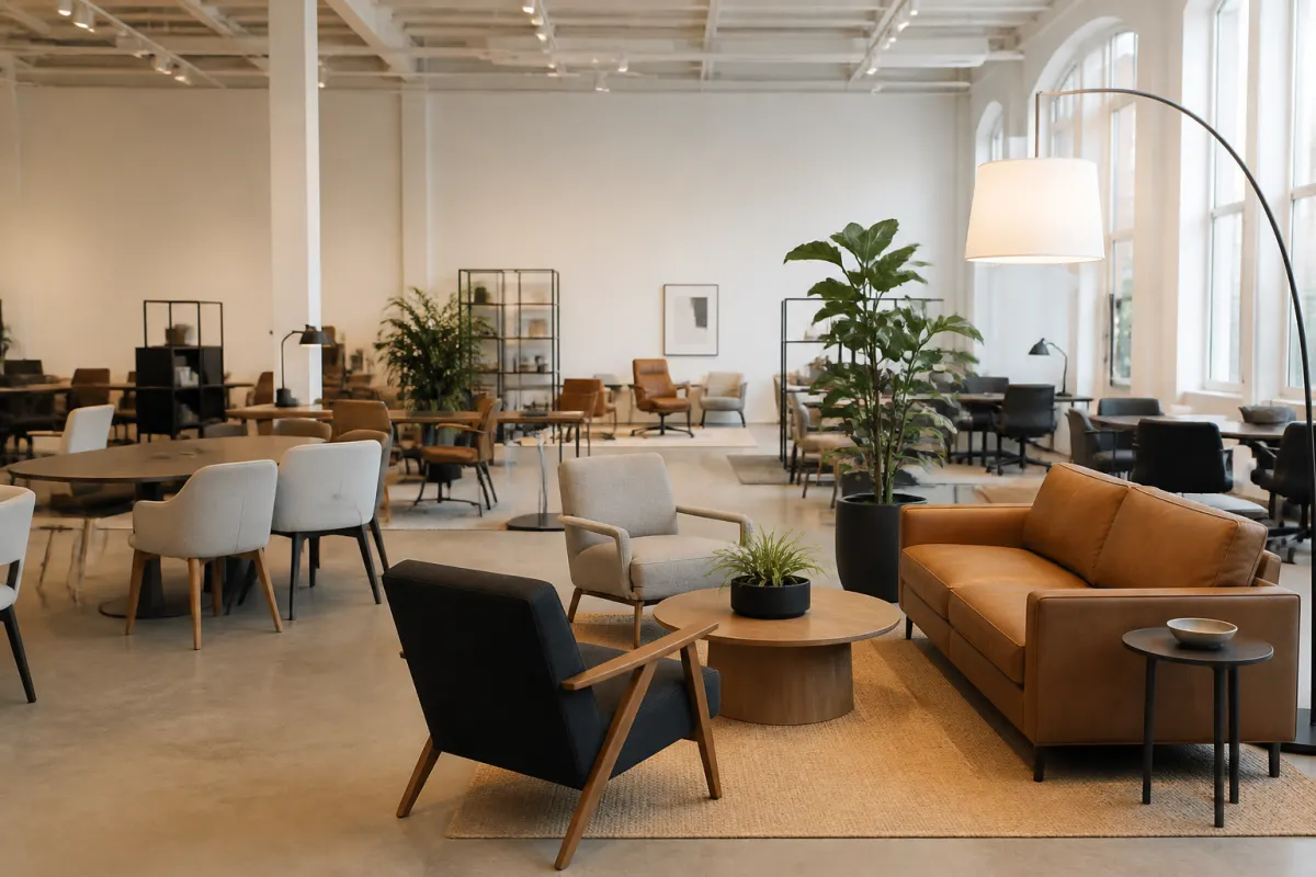 Bright furniture showroom loft with generic commercial chairs, tables, and lounge pieces staged in vignettes