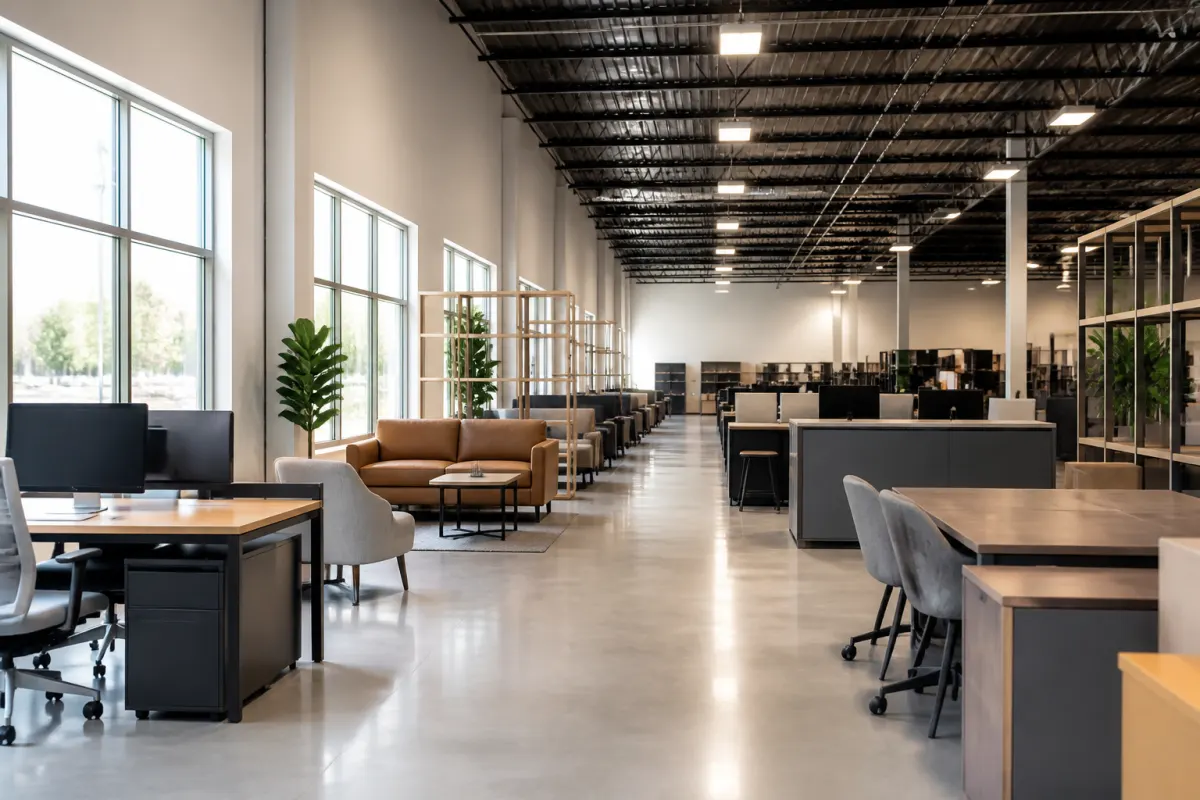 Warehouse showroom aisle with assembled commercial furniture displayed in clean rows, even daylight