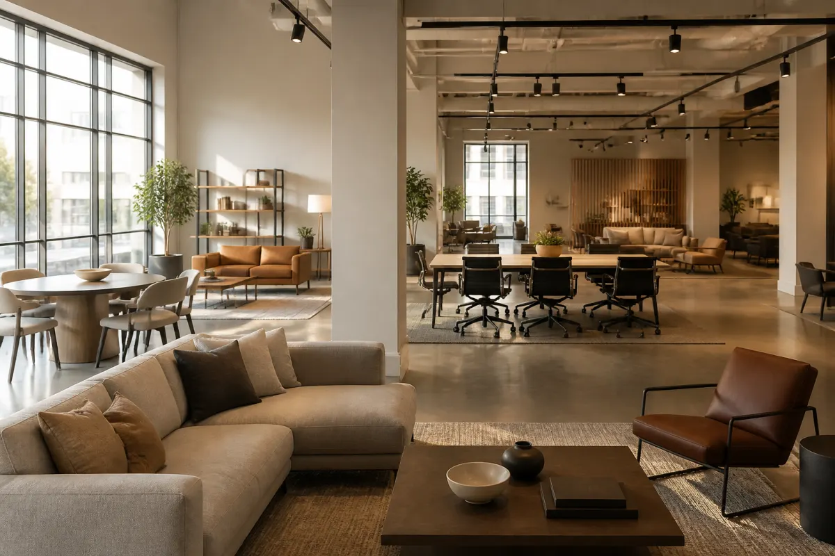 Bright furniture showroom loft with generic commercial chairs, tables, and lounge pieces staged in vignettes
