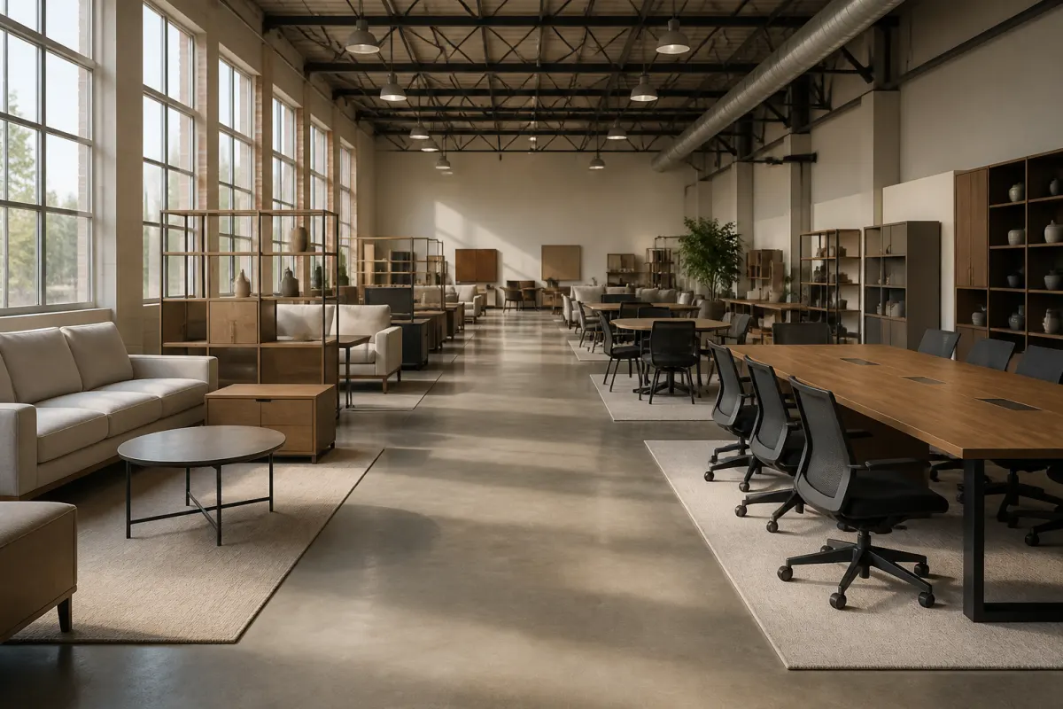 Warehouse showroom aisle with assembled commercial furniture displayed in clean rows, even daylight