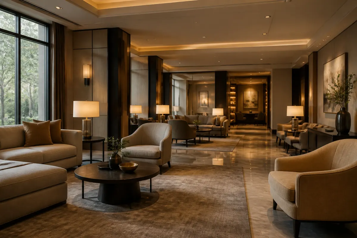 Upscale hotel lounge with commercial grade sofas, armchairs, and occasional tables, layered warm lighting