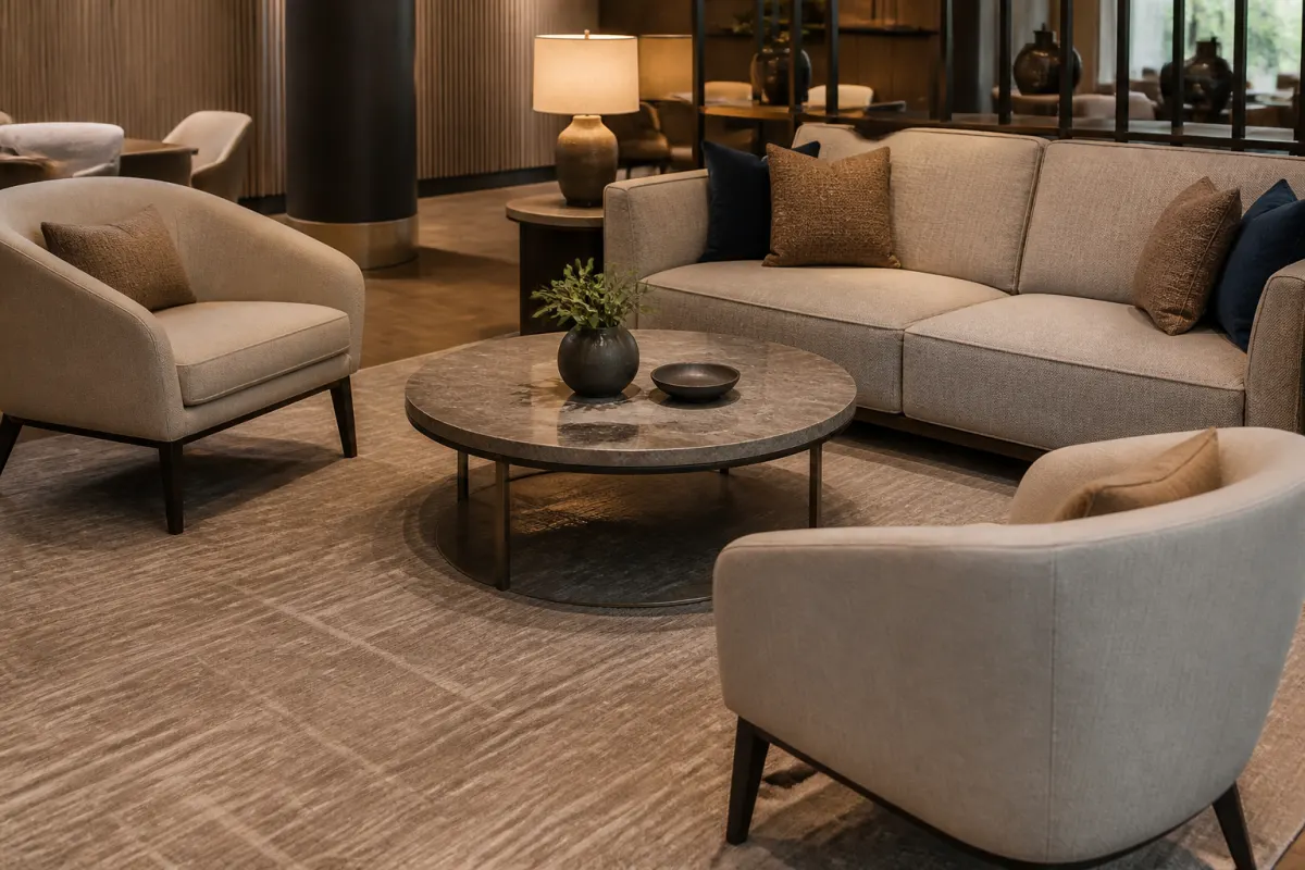 Detail angle of a generic commercial sofa and accent chairs around a coffee table in a hospitality lounge