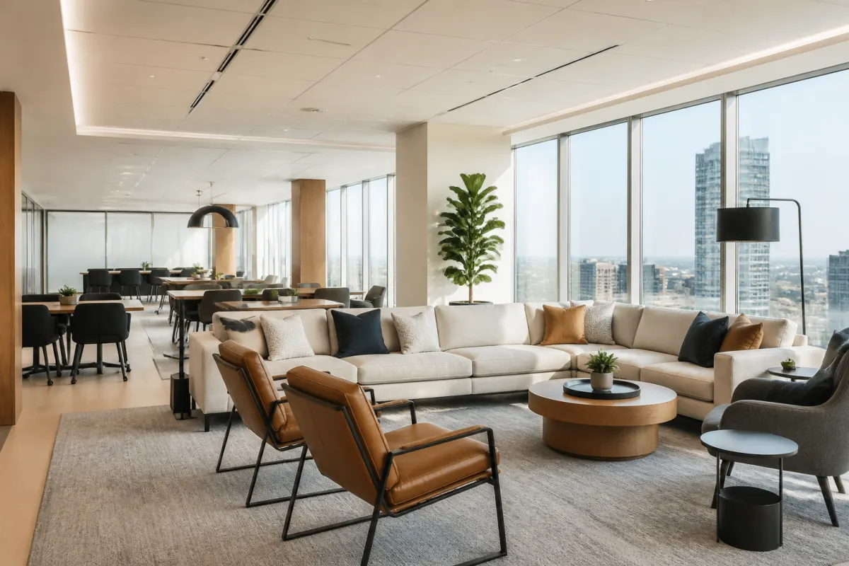 Modern open office with desks and task seating, natural light, no visible branding or screens