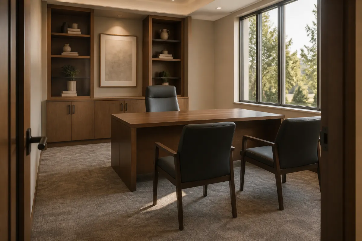 Private office furnished with a simple executive desk and guest chairs, warm wood tones, shot from the doorway