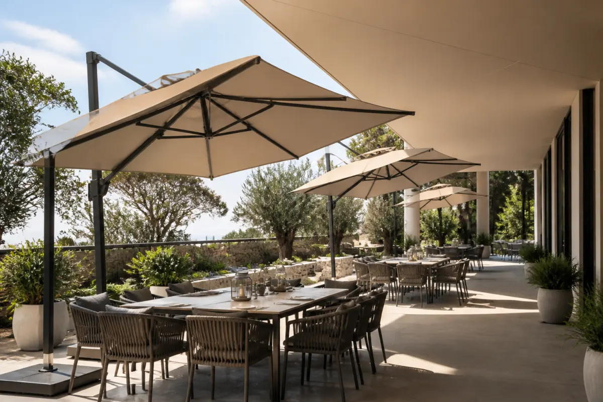 Commercial patio with large cantilever shade umbrellas over outdoor dining sets, clean resort styling