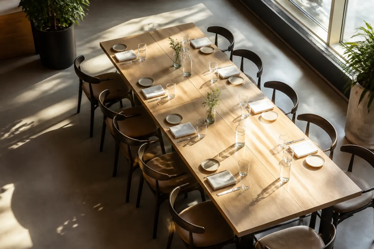 Overhead angled view of a communal dining table set simply, generous spacing, natural daylight