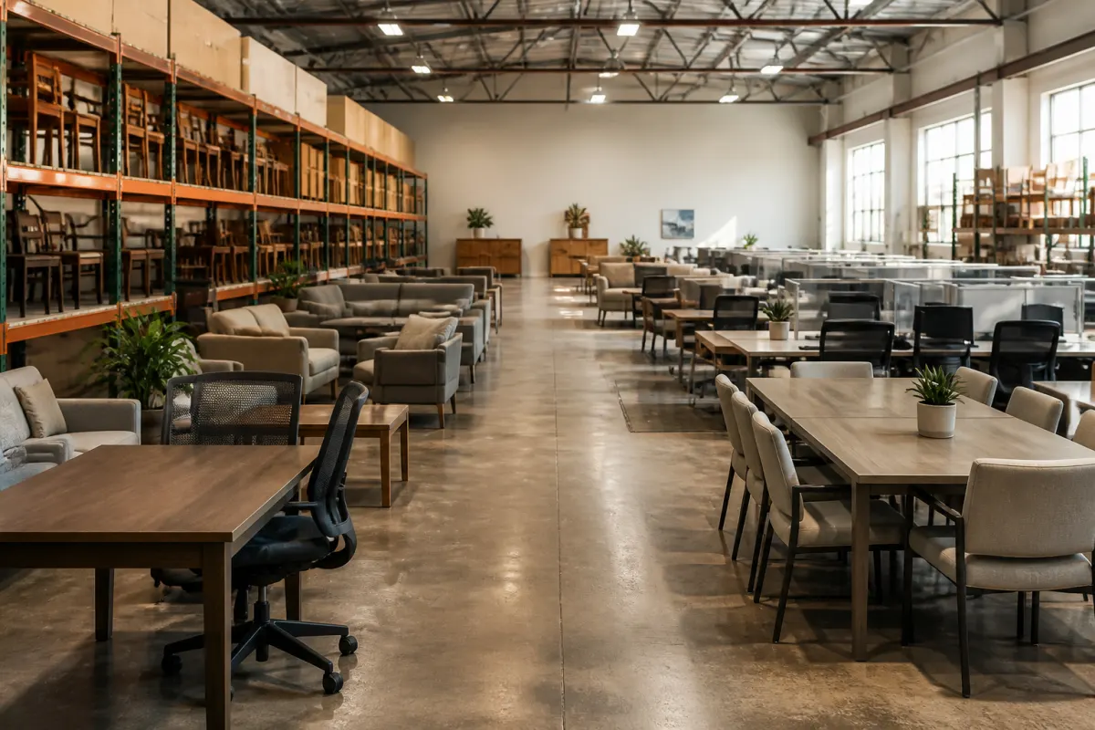 Warehouse showroom aisle with assembled commercial furniture displayed in clean rows, even daylight
