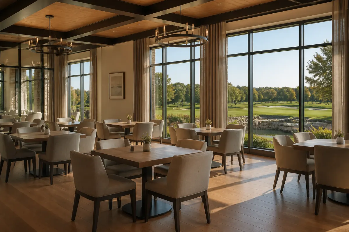 Country club dining room with upholstered dining chairs and white oak tables overlooking a golf course through tall windows