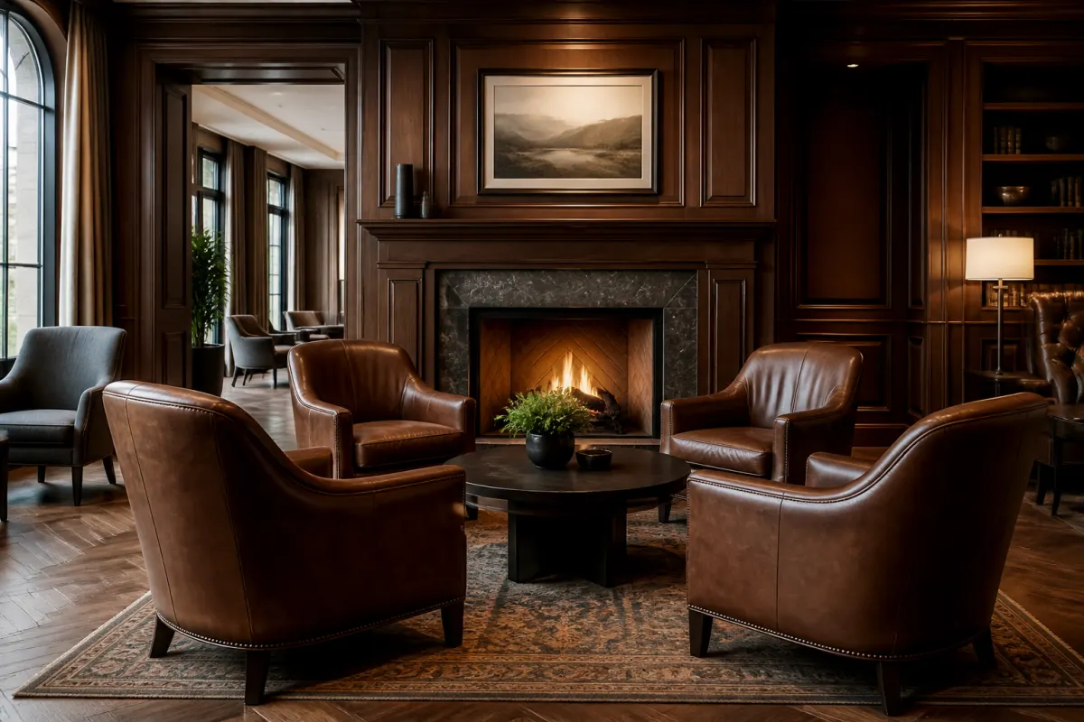 Club lounge with leather look armchairs around a fireplace, refined traditional styling