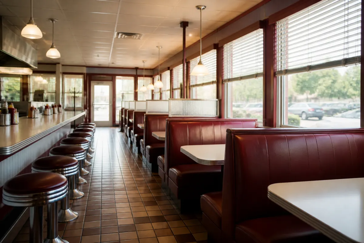 Classic diner interior with booth seating along the window wall and counter stools, bright daylight, retro but generic