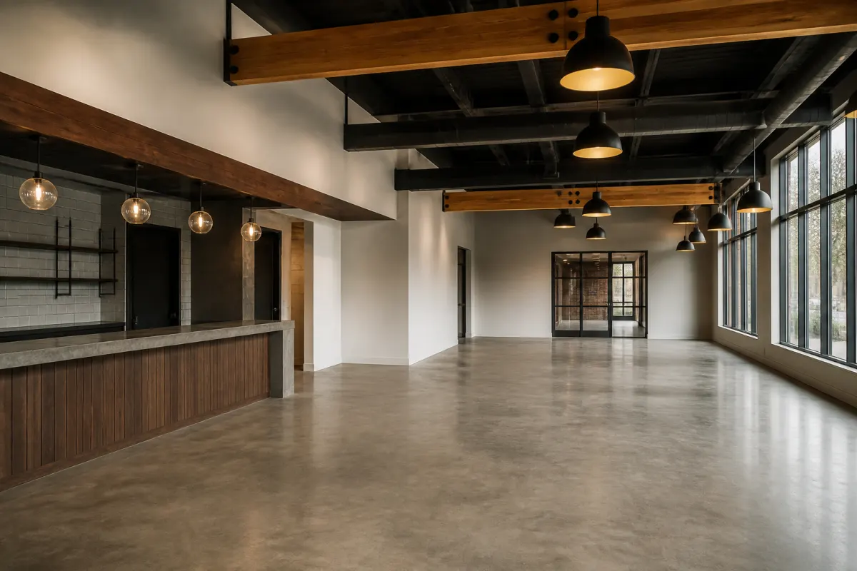 Empty new build restaurant interior awaiting furniture, fresh finishes and clean concrete floor, wide shot