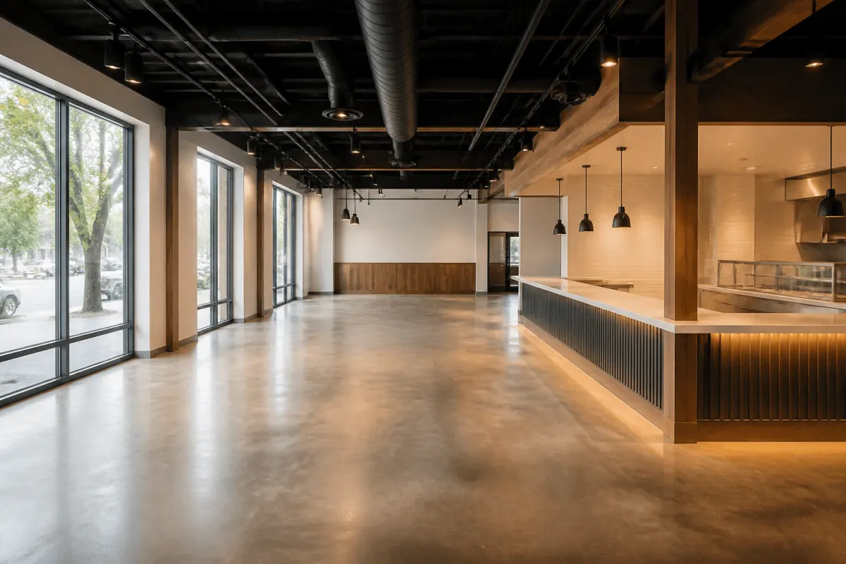 Empty commercial dining room mid renovation, furniture removed, bare space awaiting new fit-out