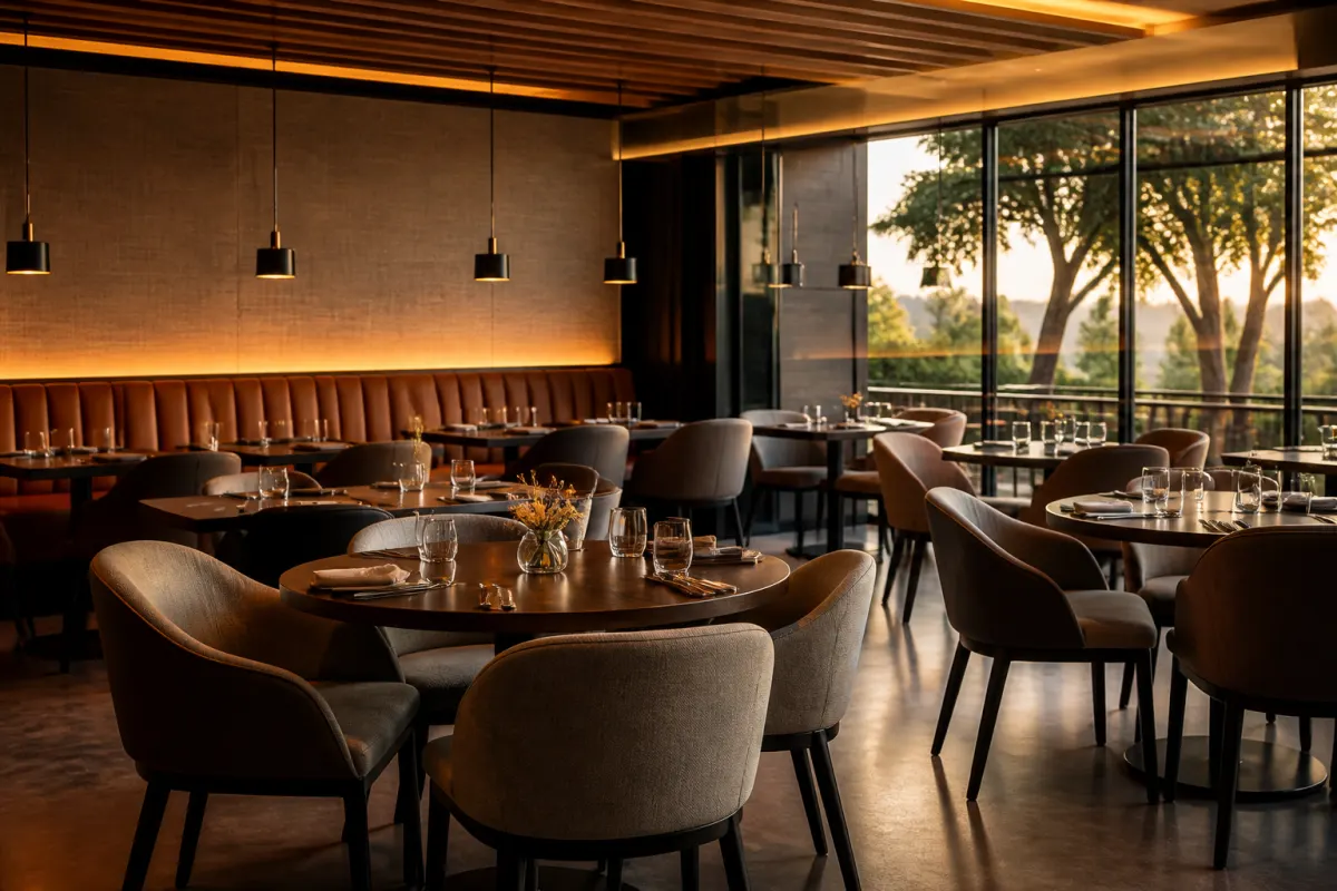 Bright institutional dining room with commercial tables and stacking chairs, morning service setup