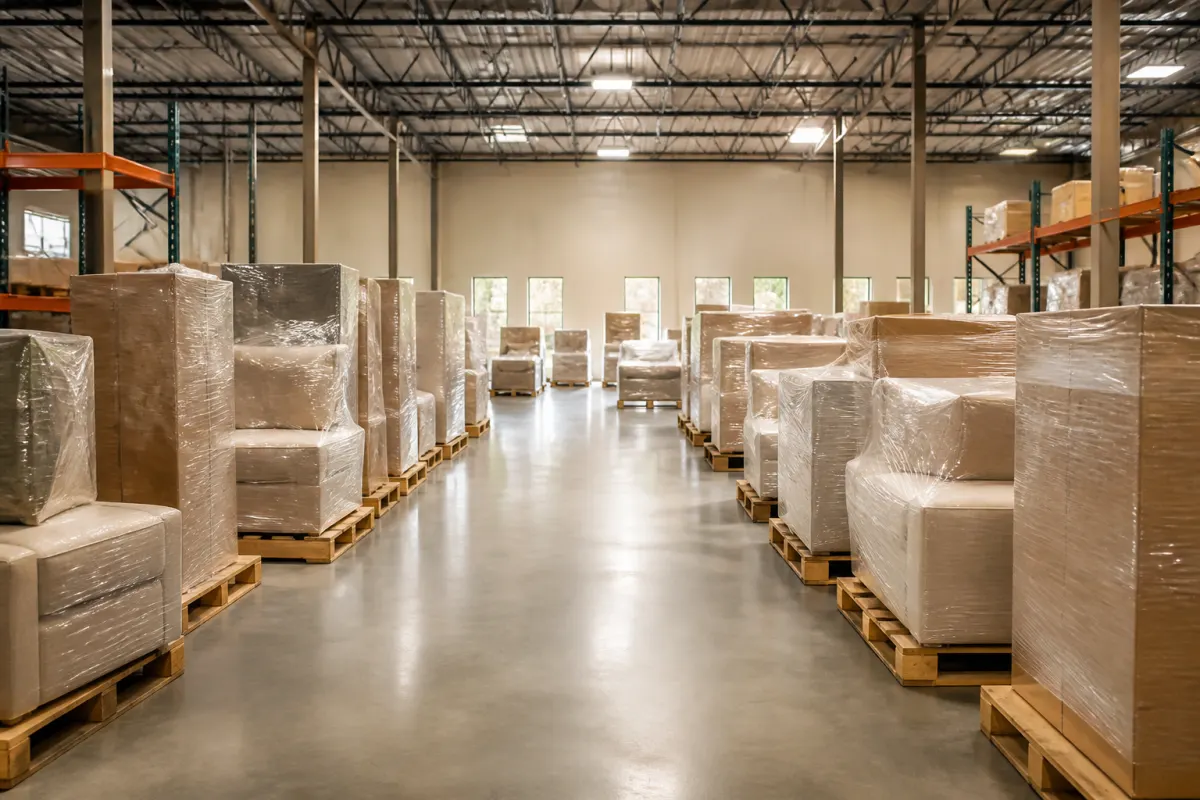 Clean commercial warehouse with shrink wrapped furniture on pallets in orderly rows, bright even light, no readable labels