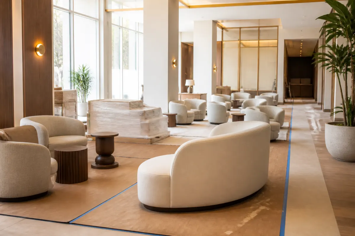 Hotel space mid furniture installation, new seating pieces staged on protective floor covering, orderly and bright