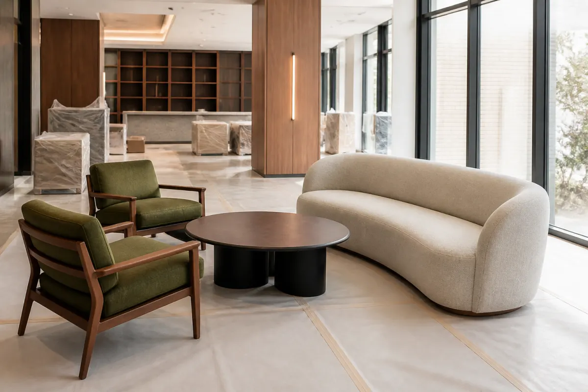 Purchase orders and spec sheets laid out beside sample furniture finishes on a project table