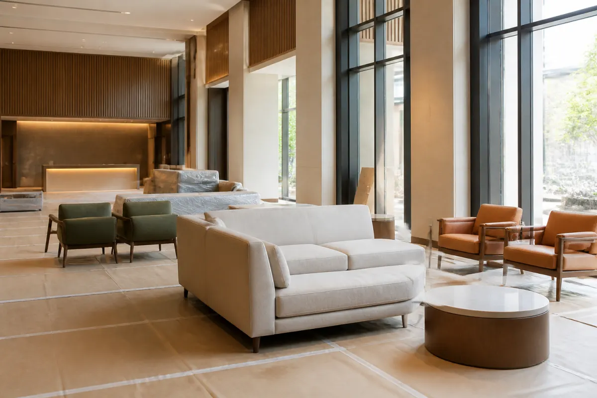 Hotel space mid furniture installation, new seating pieces staged on protective floor covering, orderly and bright