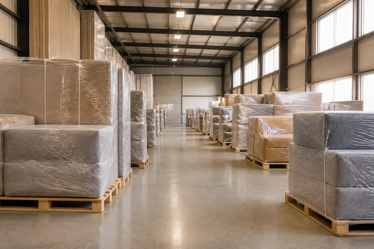 Industrial facility office and workstation furniture staged near a production floor mezzanine