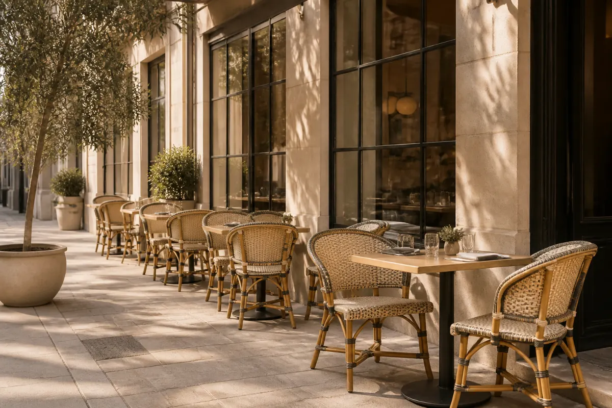 Sidewalk style bistro seating with rattan look chairs paired at small tables, editorial angle