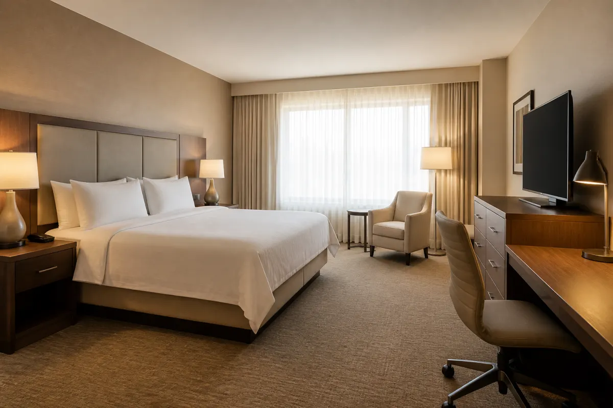 Freshly renovated hotel guest room with new generic casegoods and seating, crisp styling, wide shot
