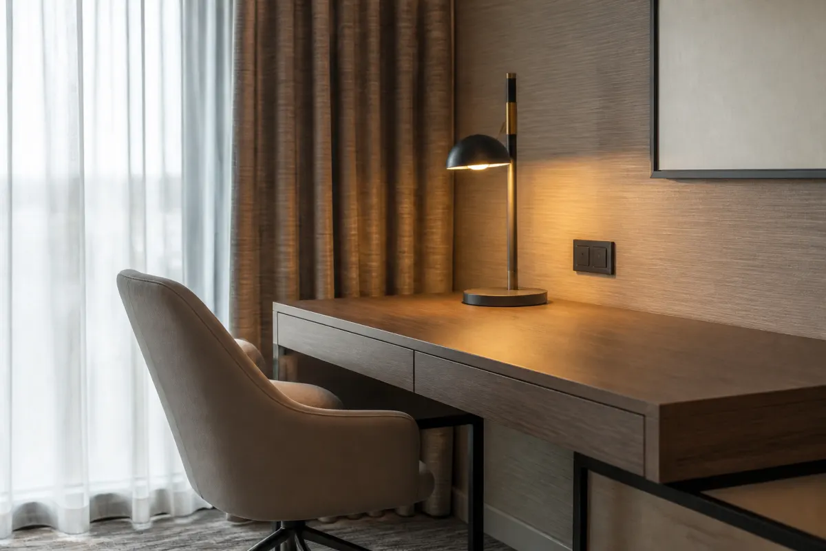 Detail angle of a hotel room work desk and chair beside the window, clean unbranded casegoods
