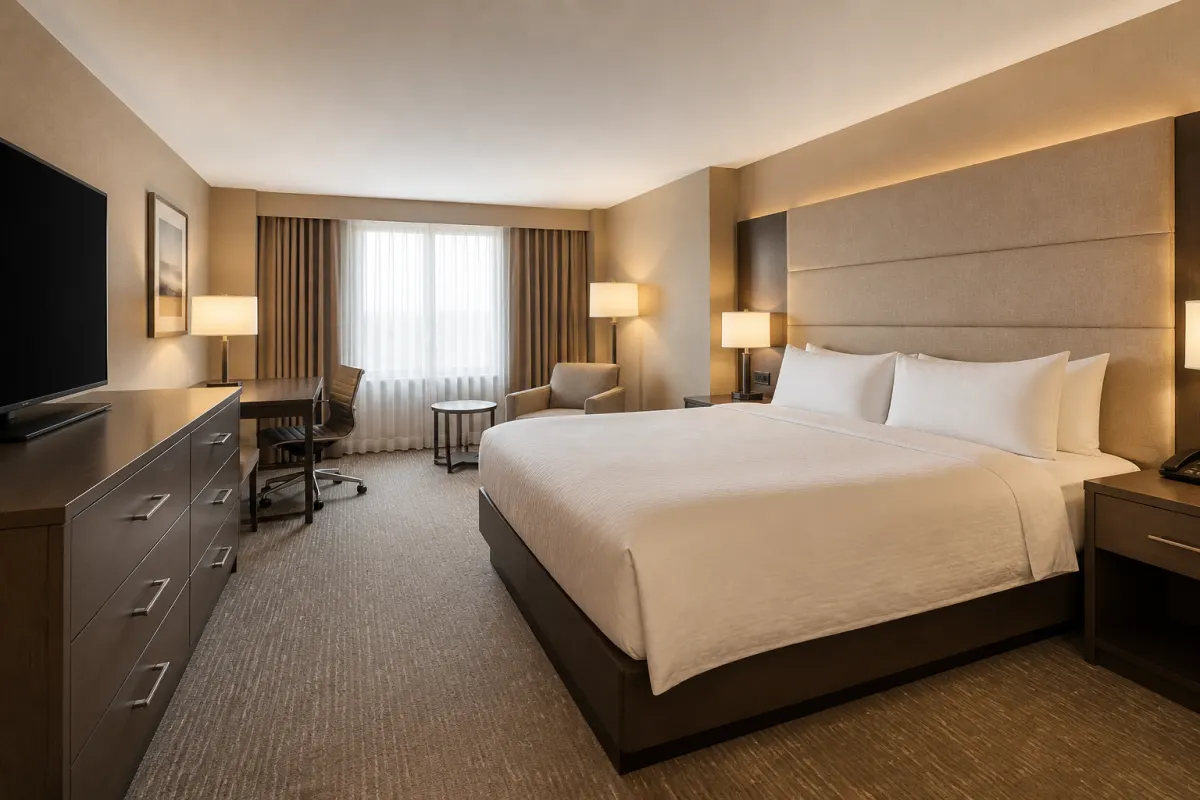 Hotel guest room with a generic upholstered headboard wall, dresser, and desk, warm neutral palette, wide shot
